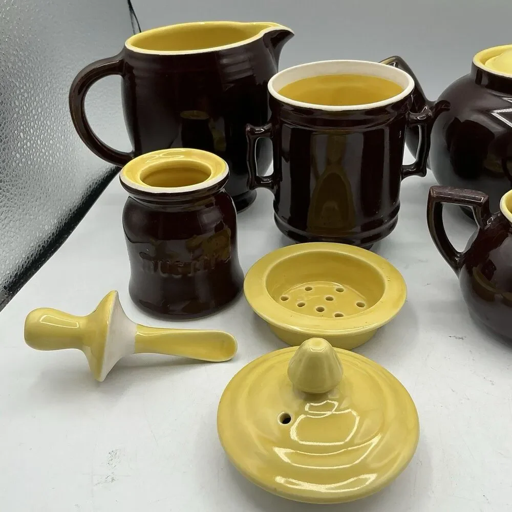 Vintage Hall China 536 Brown Mustard Yellow Tea Set 21 Pc 10 Mugs USA